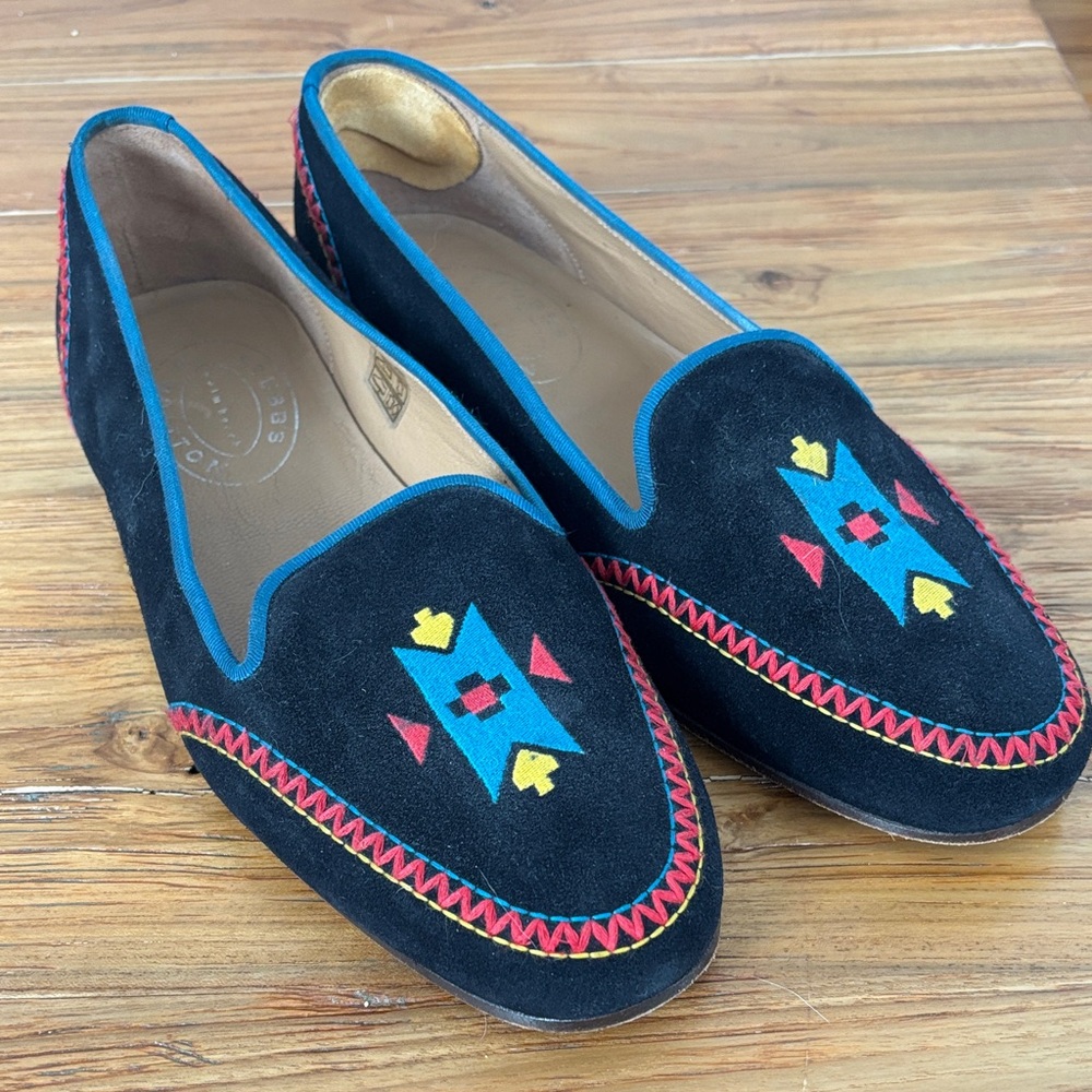 Stubbs & Wootton Black Suede Loafers with Geometric Embroidery
